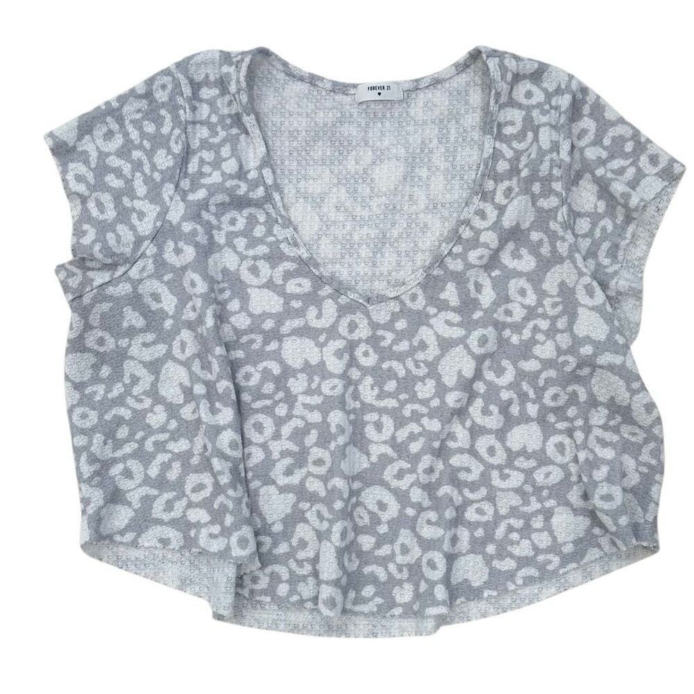 Forever 21 Waffle Textured Animal Print Cap Sleeve Gray Crop Tee Small